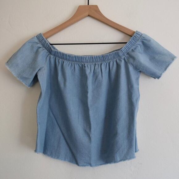 MOTHER Denim Fray Off The Shoulder Cropped Chambray Top - Picture 1 of 6